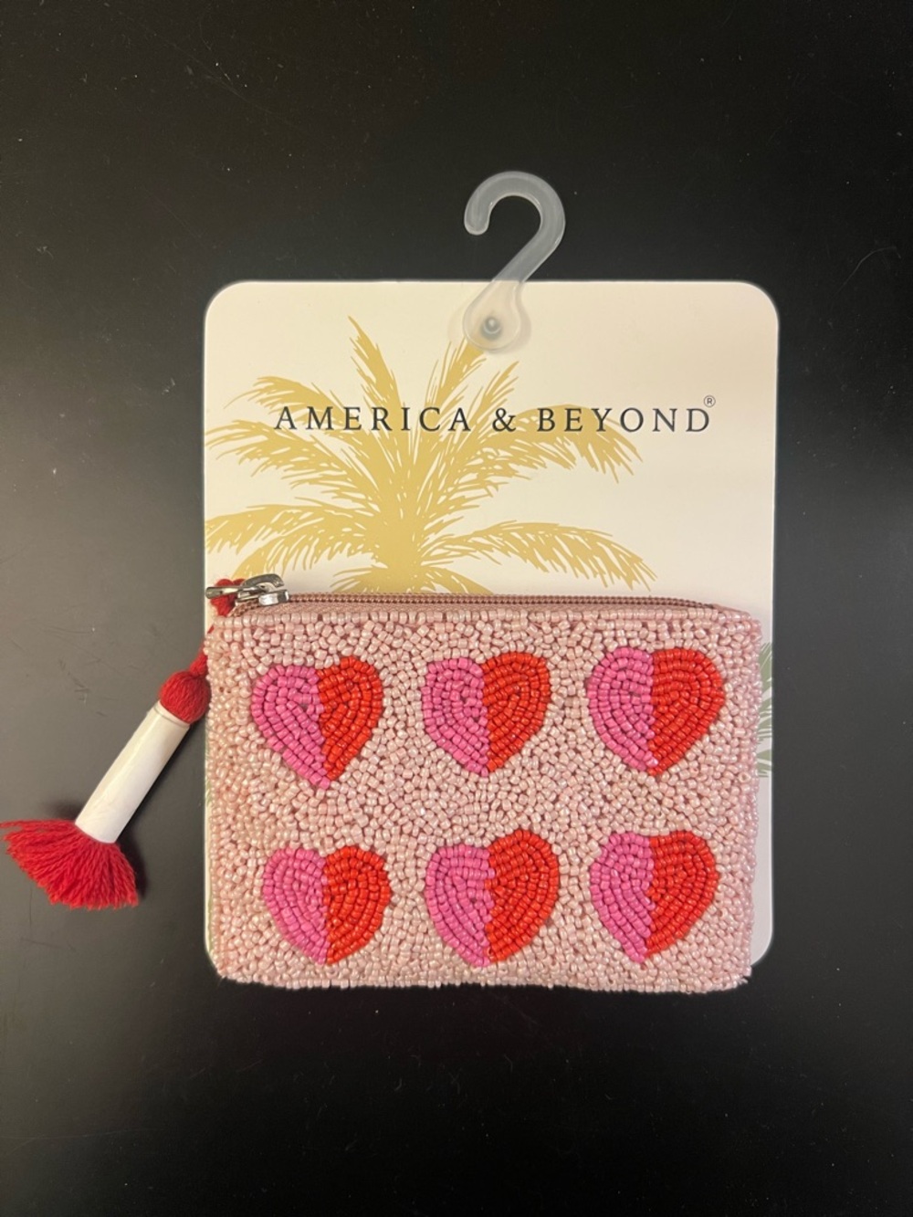 VIRAL America and Beyond Beaded Coin Purse Pink and Red with Hearts, NWT